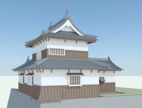 舞鶴公園三の丸広場の北西隅で復元工事が行われている潮見櫓の完成イメージ図