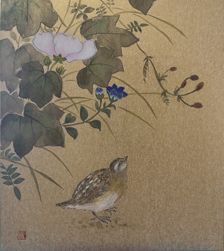 うずらと秋の草花　琳派風作品