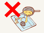 排水口にフライパンから油を流しているイラスト画像。大きなバツ印が付いている。