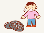 ふたが外れているマンホールを見つけた子供のイラスト画像。