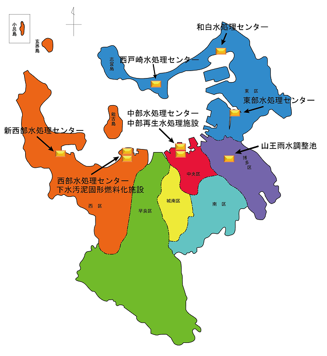 福岡市内の水処理センターの地図