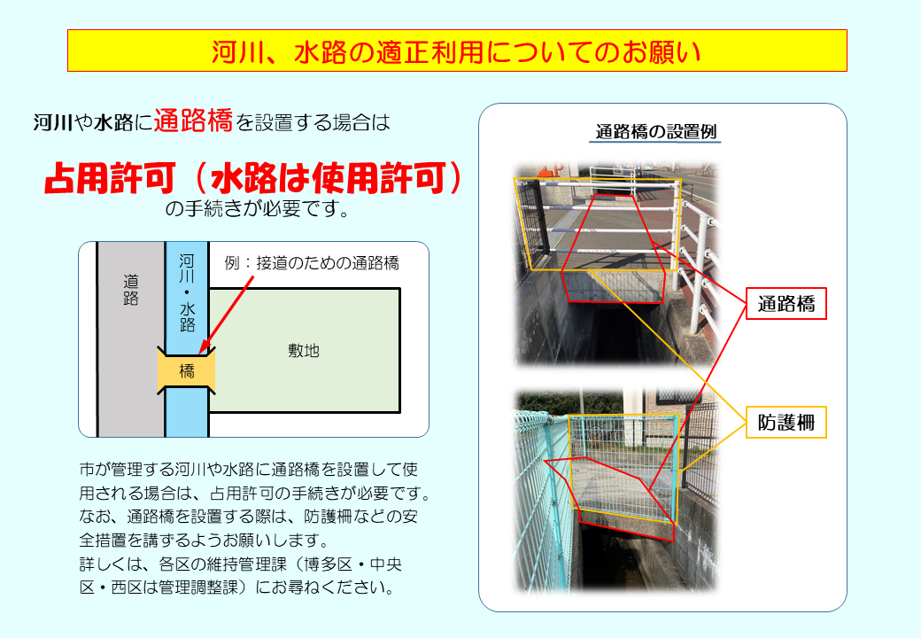 通路橋設置の例。河川や水路に通路橋を設置する場合は占用許可（水路は使用許可）の手続きが必要です。
