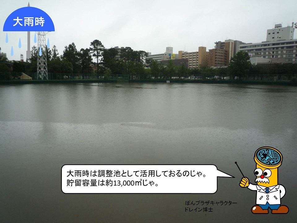 山王１号雨水調整池（大雨時）の画像