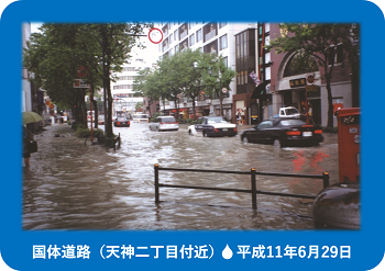 これは平成11年6月29日の豪雨の際の国体道路，天神二丁目付近の状況写真です