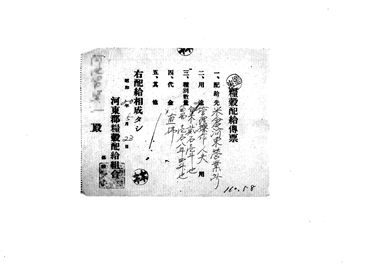 画像:糧穀配給伝票＜管理操人夫用白米、玉葱＞