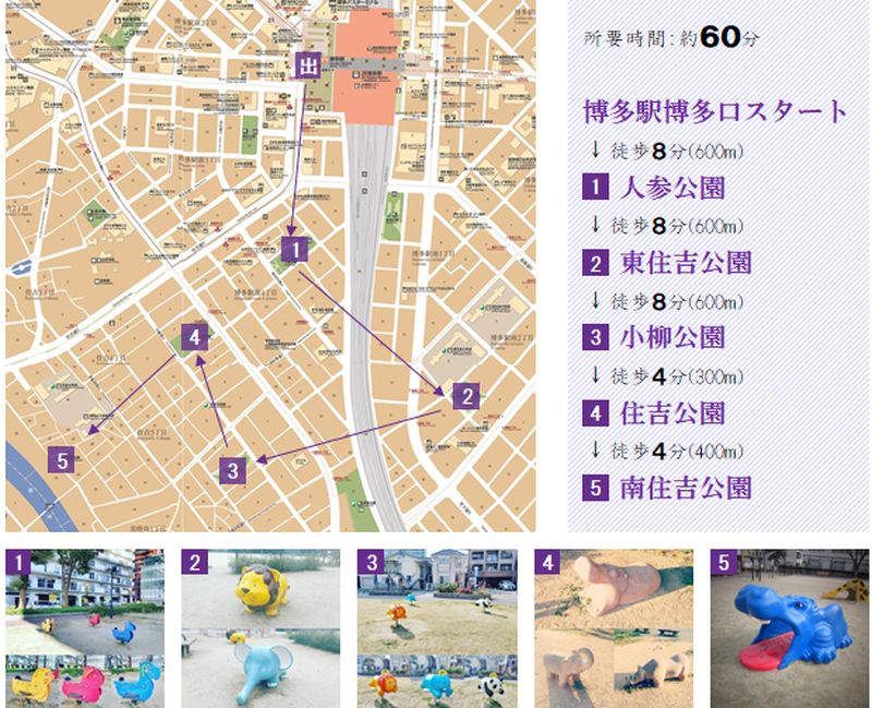 住吉エリアのマップと動物遊具の写真（博多駅博多口をスタートし、人参公園、東住吉公園、小柳公園、住吉公園、南住吉公園をまわる約60分のコースを地図で案内しています）
