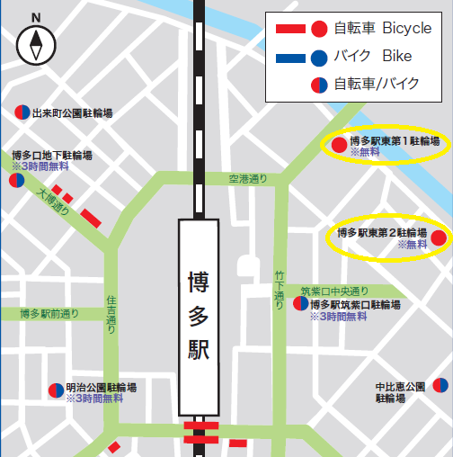 博多駅周辺、博多駅東第1、第2駐輪場の地図