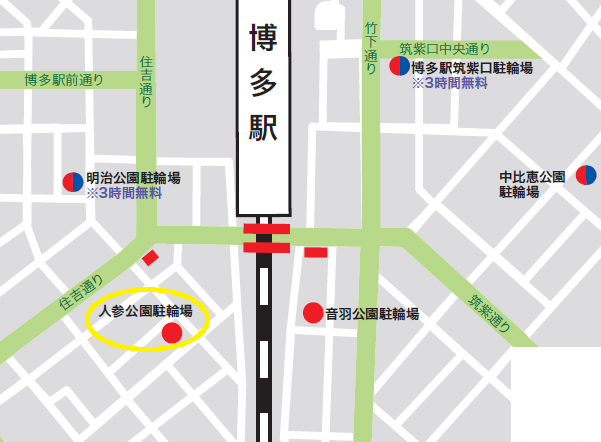 博多駅周辺、人参公園駐輪場の地図