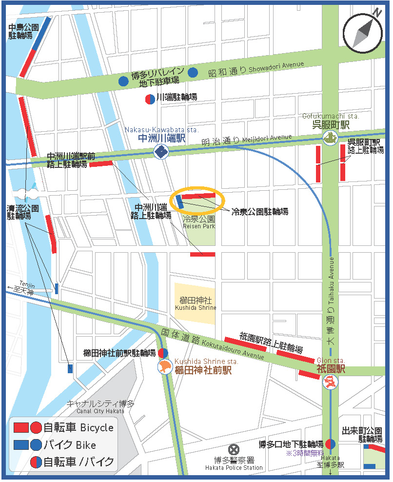 中州川端駅周辺、冷泉公園駐輪場の地図
