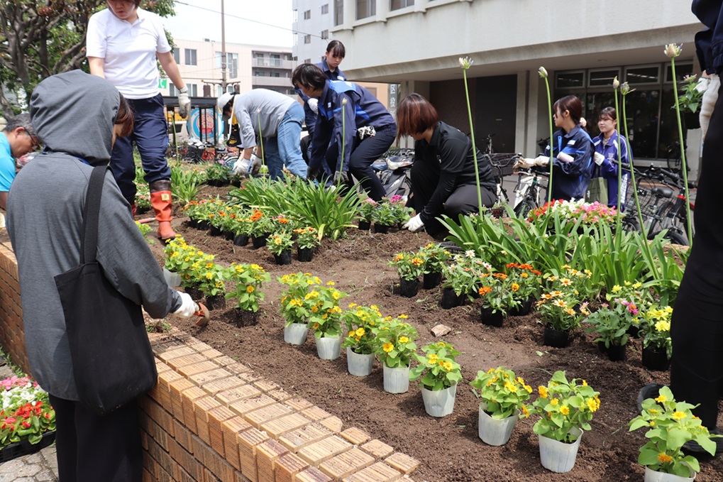 花壇に花を植える職員の写真