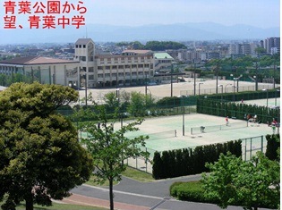 青葉公園から望む青葉中学の写真