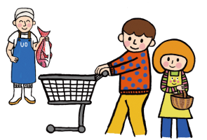 魚屋で買い物しているイラスト