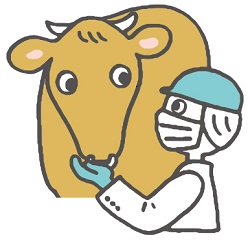 と畜検査員が牛を検査している様子のイラスト。