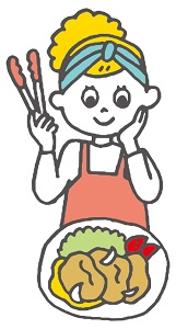 豚の生姜焼きを皿に盛り付けている人のイラスト