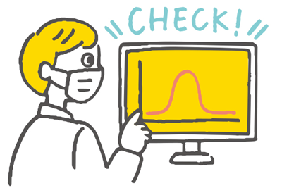 検査員が検査結果をモニターでチェックしているイラスト