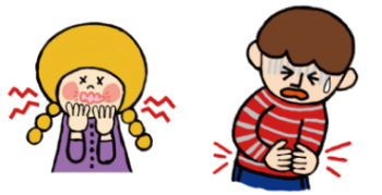 口内がしびれた女の子とお腹を痛がっている男の子のイラスト