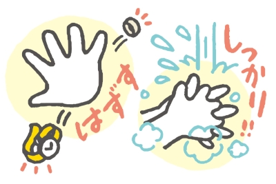 指輪や時計ははずして、しっかり手洗いするイラスト
