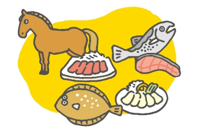 馬、ひらめ、サケのイラスト