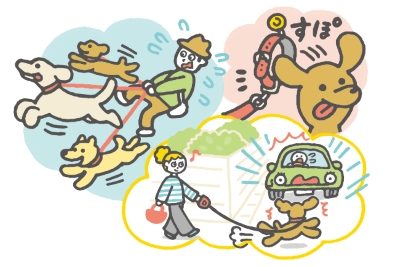 犬を制御できていない人、犬の首輪がすぽっと抜ける、リードが長くて先に走った犬が車にぶつかりそうなイラスト