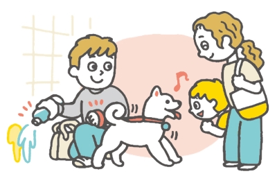 犬の散歩中のイラスト。男性がおしっこにペットボトルの水をかけている