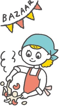 バザーの会場で炒め物を調理している人のイラスト