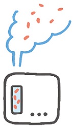 加湿器のタンク内の水にレジオネラ属菌が増殖し、小さな水滴を一緒に室内に飛散する様子を表したイラスト