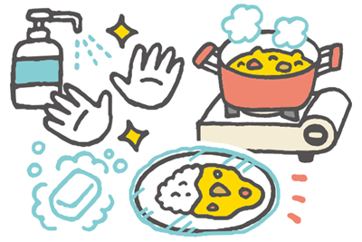 手洗い・消毒した清潔な手、火にかけた鍋、ラップを張った皿に盛りつけた食事のイラスト
