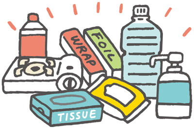 カセットコンロ、ガスボンベ、ラップ、アルミホイル、ティッシュペーパー、ウエットティッシュ、水のイラスト