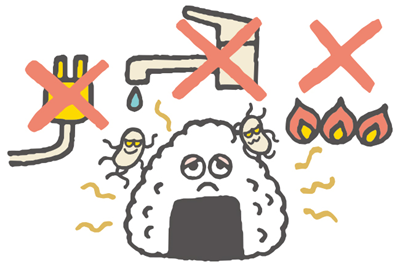 ライフラインが寸断して、腐敗したおにぎりをイメージしたイラスト