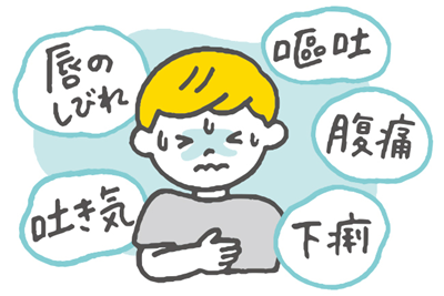 唇のしびれ、吐き気、嘔吐、腹痛、下痢で苦しむ人のイラスト