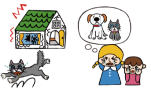 災害時に猫が逃げ出すイラスト　子どもたちが飼い犬・飼い猫を思って泣くイラスト