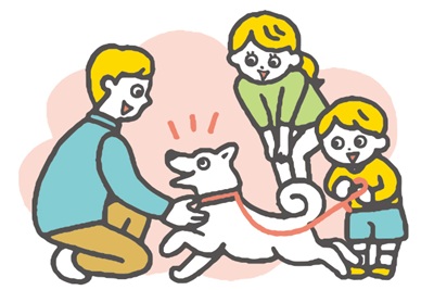 父、母、子が犬を笑顔で囲むイラスト
