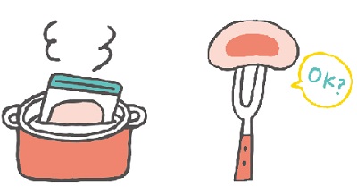袋に入れた肉を鍋で加熱するイラストと、まだ中心が赤い肉の切身に「OK？」と吹き出しがついたイラスト