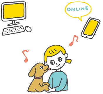 人と愛犬のイラスト。パソコンとスマートフォンのイラスト。