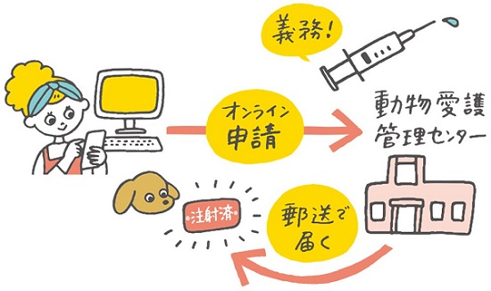 注射は義務。接種後オンライン申請すると、動物愛護管理センターから郵送で注射済票が届く、という図。