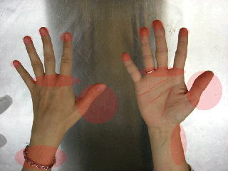 赤い色でてのひらの洗い残しが多い箇所を示した写真