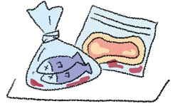 肉や魚を袋に入れているイラスト