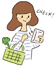 食品の表示や鮮度を見ながら買い物をする様子のイラスト