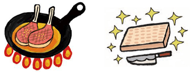 骨付き肉をフライパンでよく加熱しているイラストと清潔な調理器具のイラスト