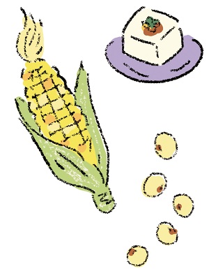 とうもろこし、大豆、豆腐のイラスト