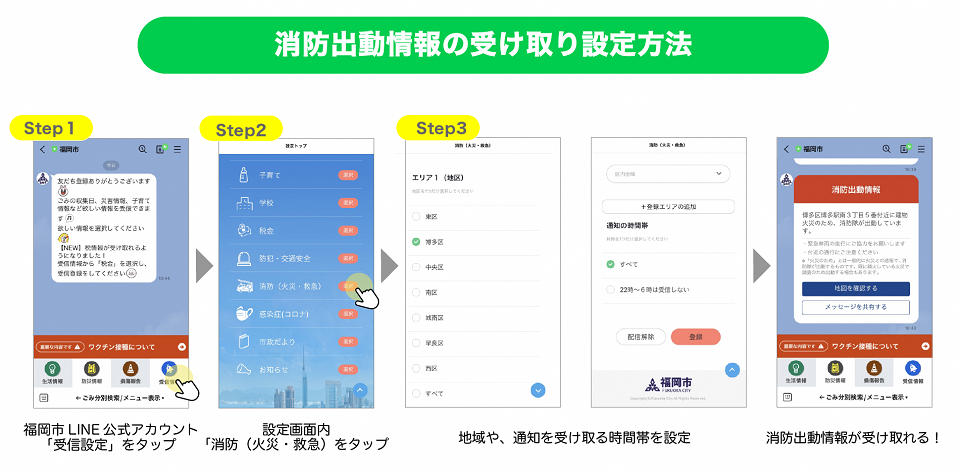 「消防出動情報」を受信する操作の画面イメージ画像。詳細は下記記載。