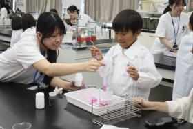 大学生が参加者の子どもをサポートしながら、実験を進めている様子