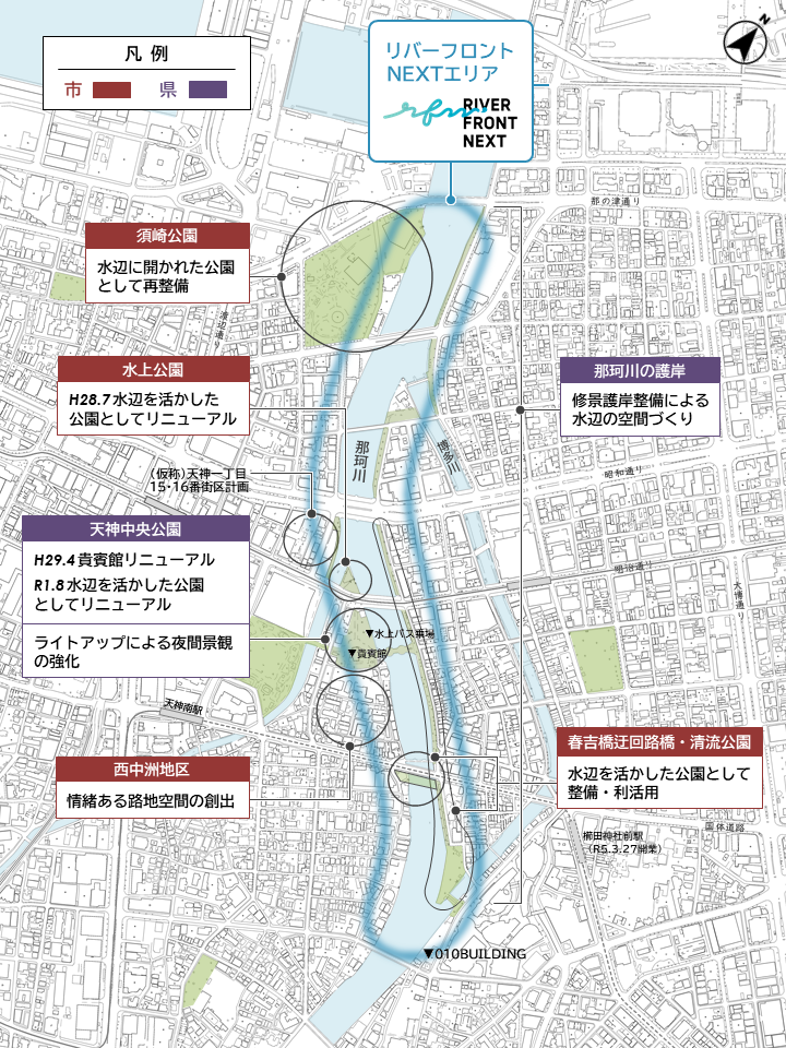 リバーフロントエリアでの取組状況を地図にプロットしたもの