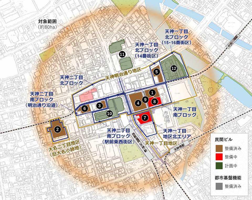 天神交差点を中心とした半径約500mの範囲を示した地図