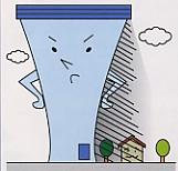 小さな家の隣で大きすぎて光を完全にさえぎっているビルのイラスト