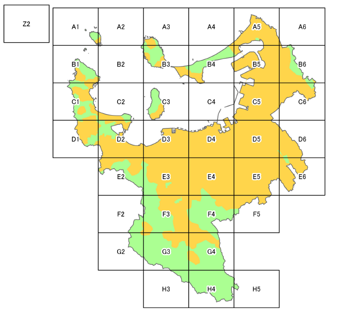 区画に分けた福岡市の地図。各区画の詳細はこの地図の下にリンクを設定。