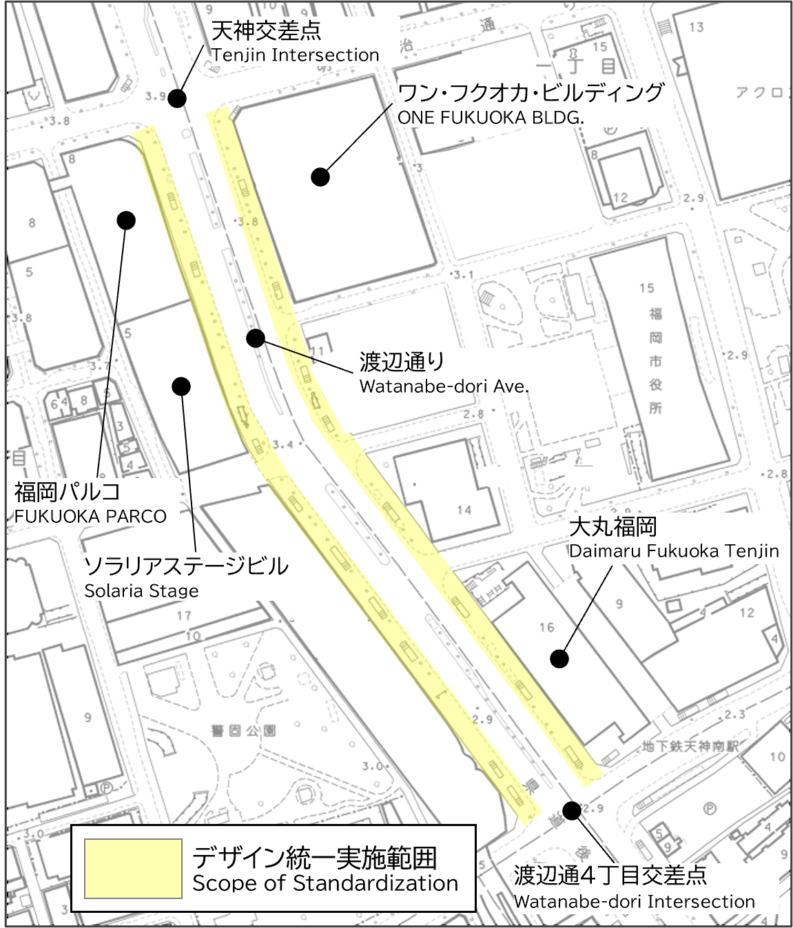 案内サインデザイン統一を試行実施する渡辺通りの地図