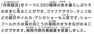 「対馬暖流」をテーマに350種類の魚を暮らしぶりそのままに見ることができ、ゴマフアザラシ、ラッコなどの展示やイルカ・アシカショーも人気です。ショープールからは海の向こうの福岡のまちをながめることができます。福岡市都市景観賞を受賞しました。