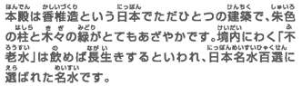 本殿は香椎造という日本でただひとつの建築で、朱色の柱と木々の緑がとてもあざやかです。境内にわく「不老水」は、飲めば長生きするといわれ、日本名水百選に選ばれた名水です。