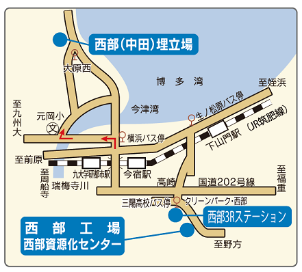 西部工場、西部(中田)埋立場、西部資源化センター、西部３Rステーションの地図画像